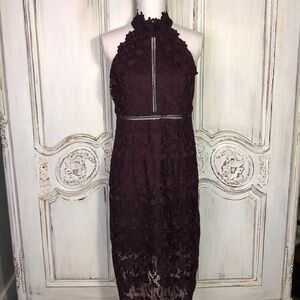 Bardot Deep Burgundy Lace Overlay Hater Backless Occasions Dress Size 8/M